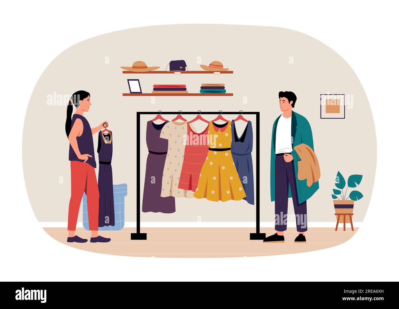 Concept de shopping et d'achat. Femme choisissant la robe en magasin. Client achetant des vêtements dans un magasin de détail. Acheteur de dessins animés Illustration de Vecteur