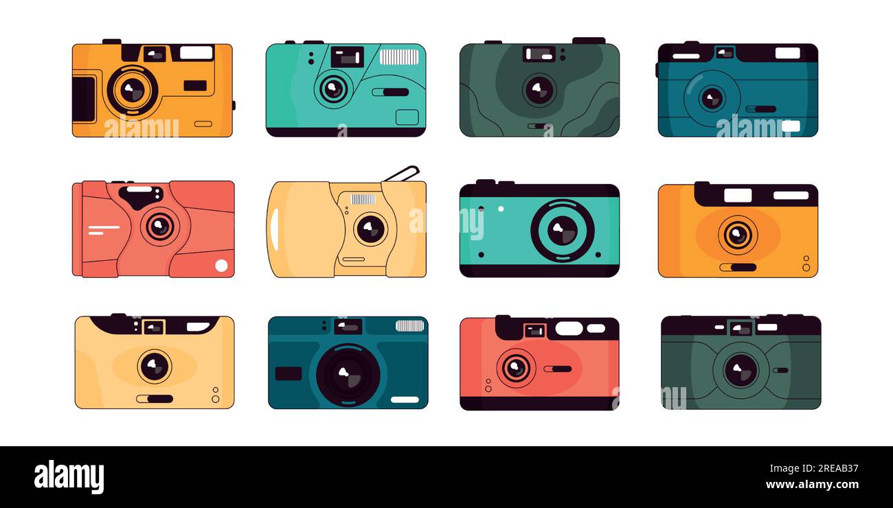 Appareil photo visez et déclenchez. Hipster appareil photo rétro avec lentille en plastique, ancien équipement de photographie de voyage pour séance photo. Jeu de tickers vectoriels Illustration de Vecteur