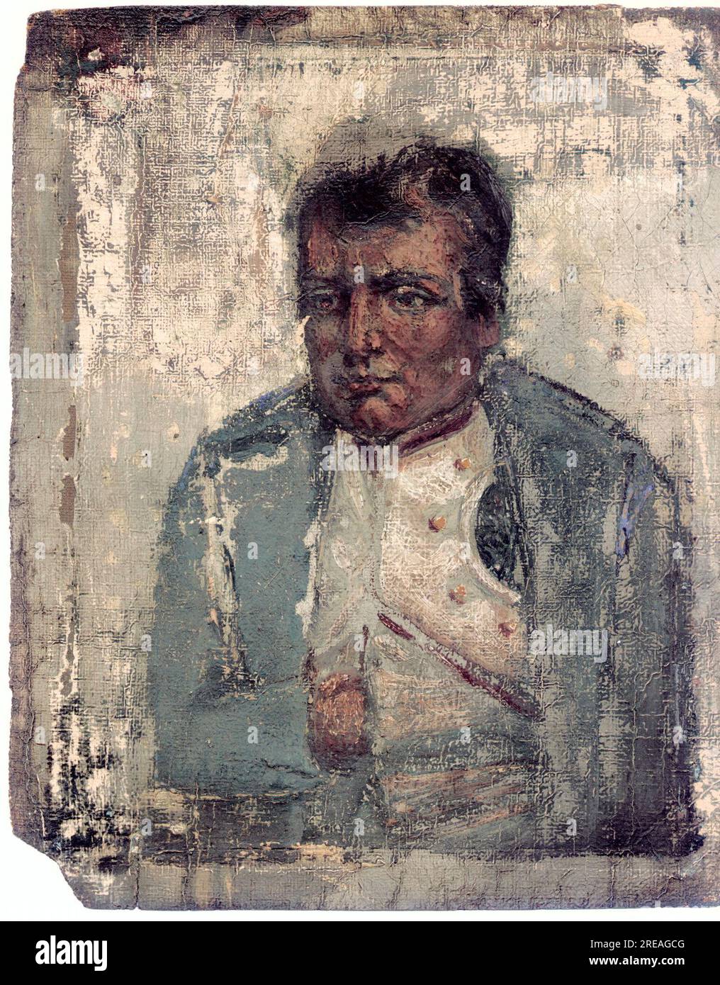 AJAXNETPHOTO. 1815 (ENVIRON). EMPLACEMENT INCONNU. - EMPEREUR VAINCU - ESQUISSE ORIGINALE NON SIGNÉE DE PEINTURE À L'HUILE SUR TOILE CENSÉE ÊTRE DE L'EMPEREUR DE FRANCE NAPOLÉON BONAPARTE PEUT-ÊTRE FAITE APRÈS SON ABDICATION DE FONTAINEBLEAU OU PENDANT SON EXIL SUR L'ÎLE DE ST.HÉLÈNE ENTRE 1815 ET 1821. L'IMAGE PRÉSENTE DES SIMILITUDES AVEC LE VISAGE ET LES VÊTEMENTS REPRÉSENTÉS DANS UNE PEINTURE HIPPOLYTE DELAROCHE DE BONAPARTE CONSERVÉE AU MUSEUM DER BILDENDEN KUNSTE LEIPZIG. IMAGE : BIBLIOTHÈQUE D'IMAGES VINTAGE AJAX. SOURCE : AJAX COLLECTION VINTAGE. REF:167 59363 Banque D'Images