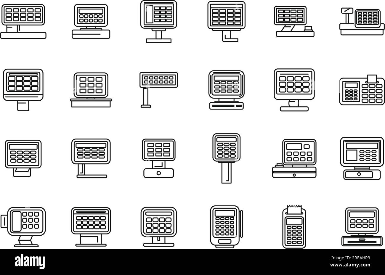 Les icônes de caisse tactile définissent le vecteur de contour. Vente libre-service. Caisse de service Illustration de Vecteur