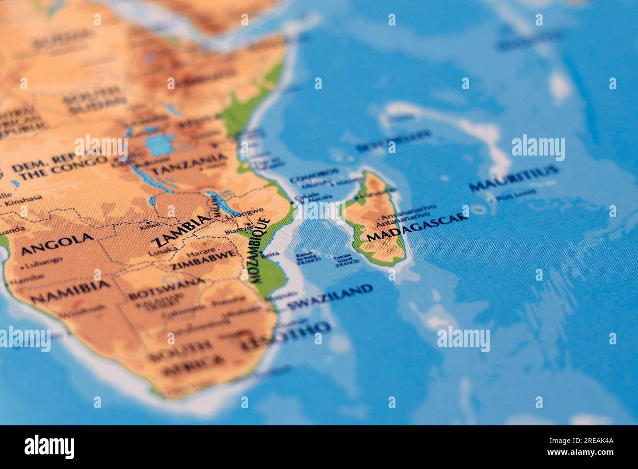 carte du monde des pays africains et de la mer d'arabie, de l'île de madagascar et de la zambie en gros plan Banque D'Images