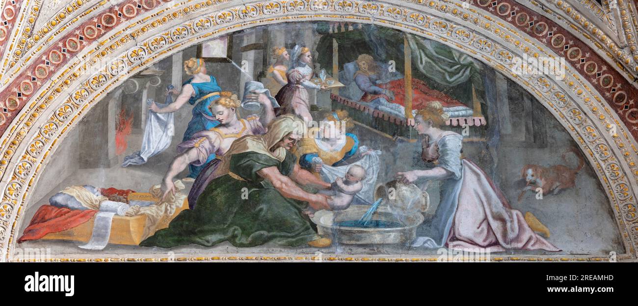 NAPLES, ITALIE - 23 AVRIL 2023 : la fresque de la Nativité de la Vierge Marie et Saint Joseph dans l'église Chiesa di San Giovanni a Carbonara Banque D'Images