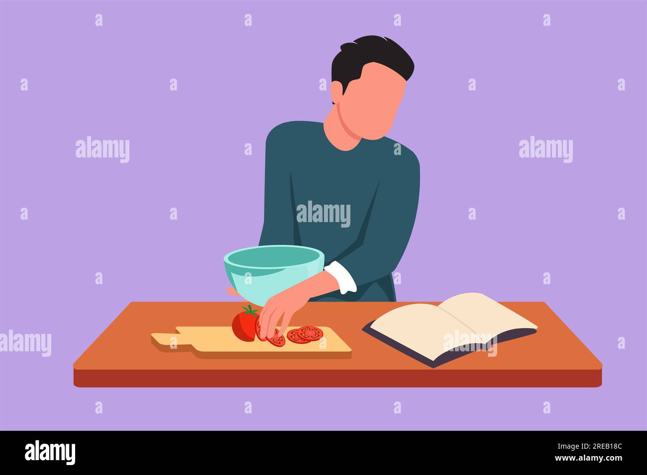 Personnage plat dessin jeune homme cuisinant le repas tout en lisant le livre de tutoriel sur la table de cuisine confortable à la maison. Mari heureux préparant des aliments sains pour fami Banque D'Images