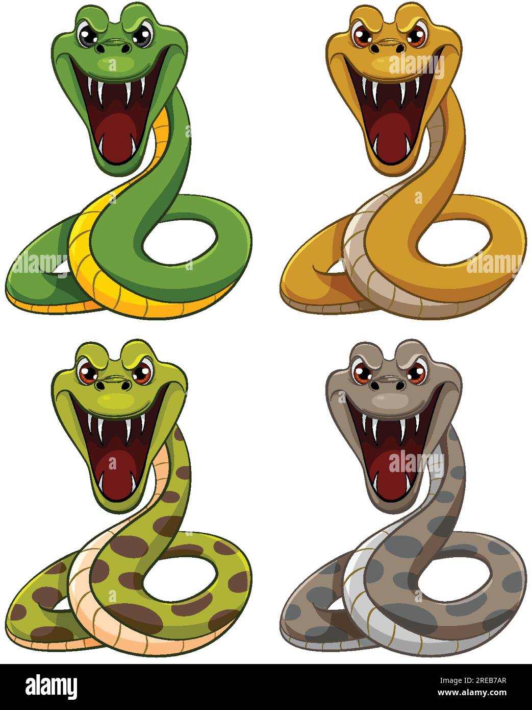 Quatre serpents python à la bouche ouverte et aux dents pointues, prêts à mordre, isolés sur fond blanc Illustration de Vecteur