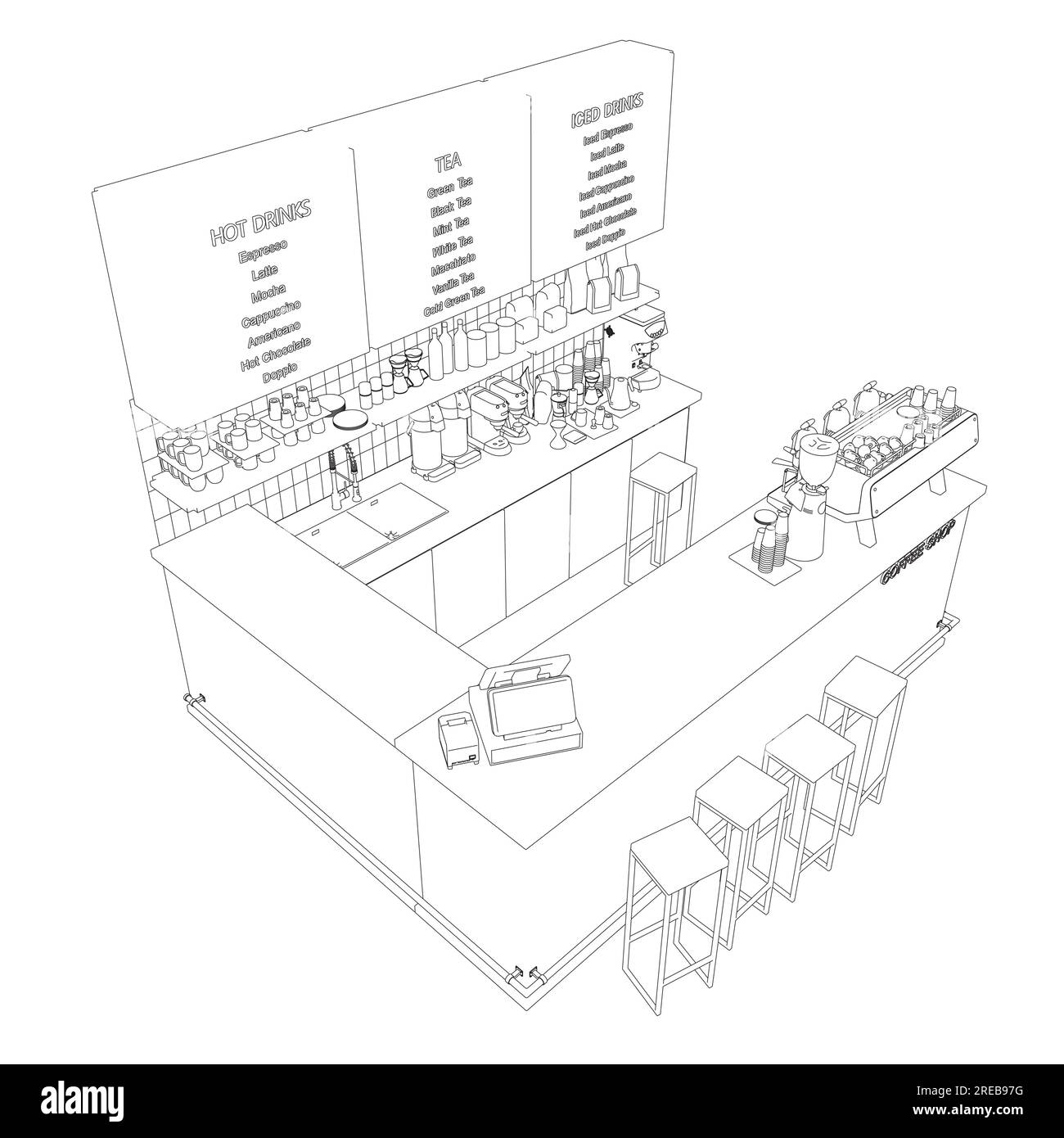 Contour intérieur de café vide. Illustration vectorielle de conception plate. Arrière-plan intérieur, scène moderne de comptoir de café-bar. Café, café ou Illustration de Vecteur