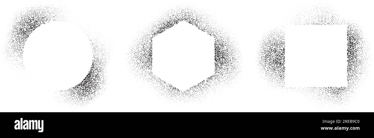 Cadres carrés, circulaires et hexagonaux avec effet pochoir en spray. Collection d'ombres grunge à bordure pointillée. Faisceau de forme de bruit délavé. Éléments éclaboussés pour zone de texte, bannière, affiche, modèle. Vecteur Illustration de Vecteur