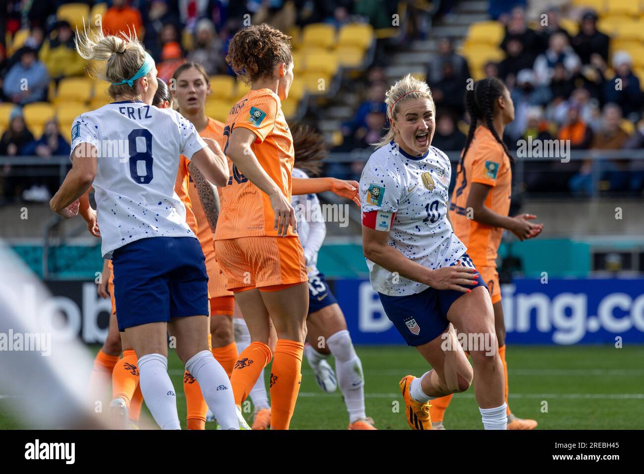 Wellington, Nouvelle-Zélande. 27 juillet 2023. Lindsay Horan (10, USA) célèbre son objectif. USA vs pays-Bas. Coupe du monde de la FIFA. Groupe E. Wellington. Nouvelle-Zélande. (Joe SERCI/SPP) crédit : SPP Sport Press photo. /Alamy Live News Banque D'Images