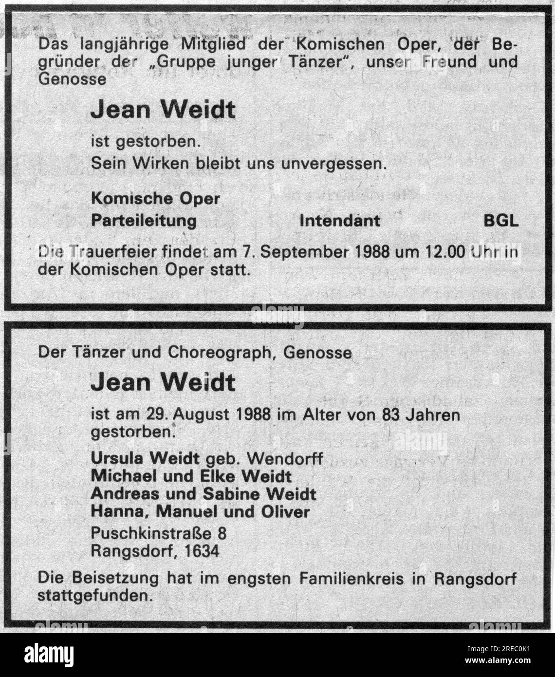 Weidt, Jean, 7.10.1904 - 29.8,1988, danseur allemand, né Hans Weidt, Avis de nécrologie, septembre 1988, ADDITIONAL-RIGHTS-CLEAR-INFO-NOT-AVAILABLE Banque D'Images