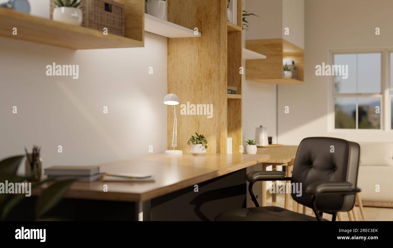 Image rapprochée d'un bureau en bois avec des décors dans un salon d'appartement minimaliste moderne. rendu 3d, illustration 3d. Banque D'Images