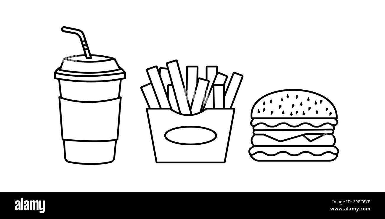 Icône linéaire fastfood. Illustration de ligne fine. Tasse en papier avec boisson, cheeseburger et frites. Symbole de contour de la malbouffe. Contour isolé du vecteur d Illustration de Vecteur