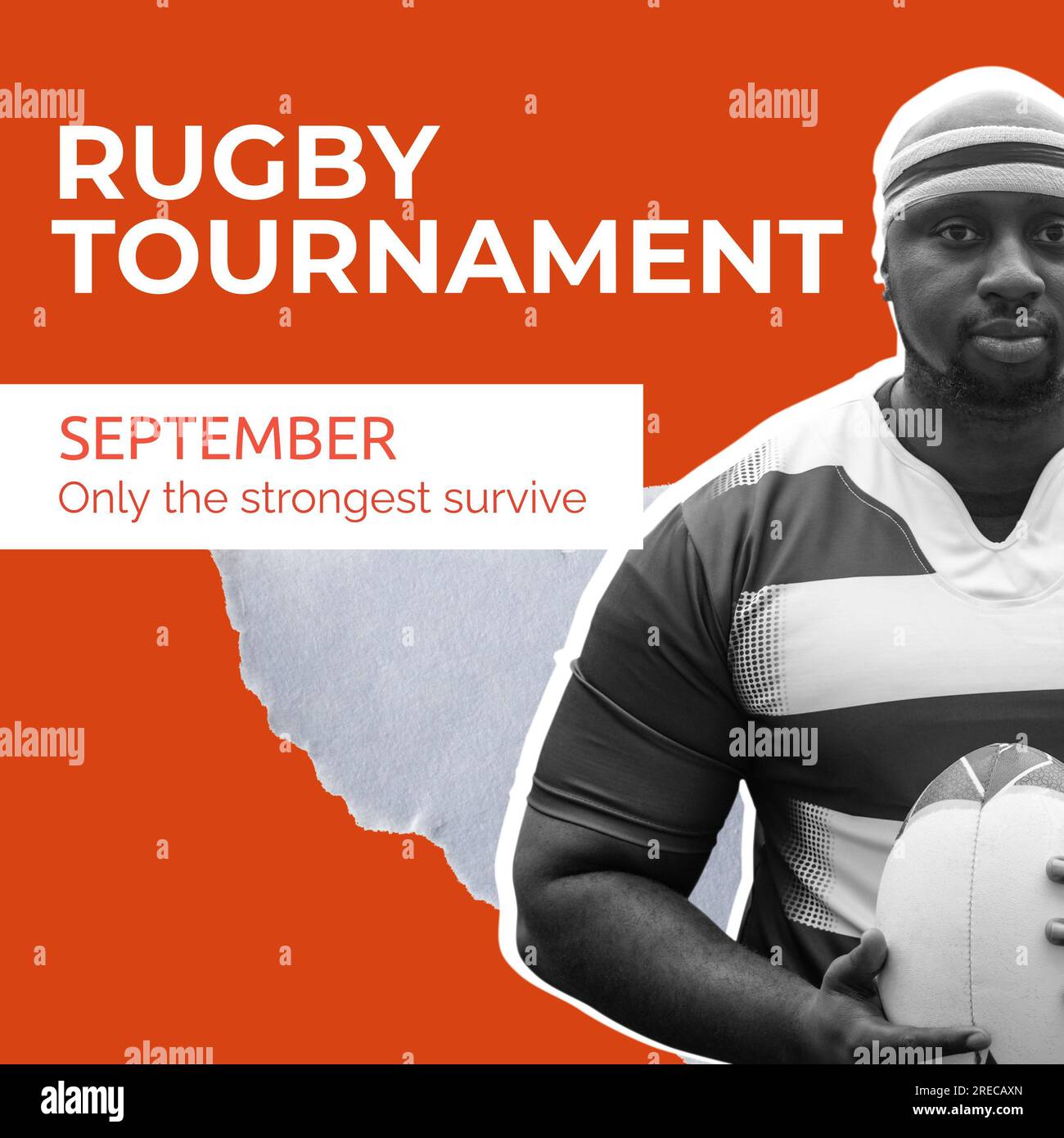 Texte du tournoi de rugby en blanc sur orange avec joueur de rugby afro-américain tenant le ballon Banque D'Images