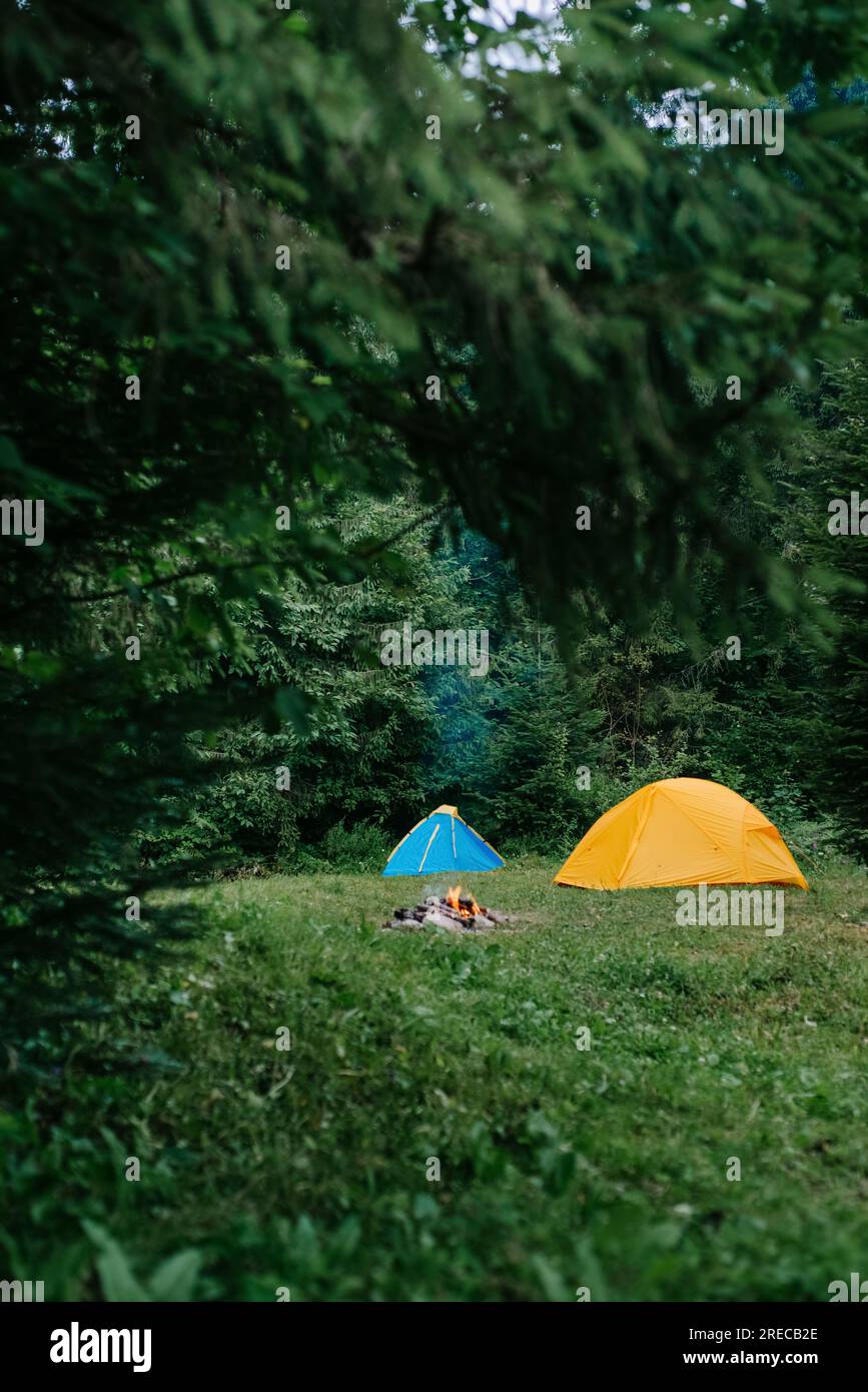 Plan vertical du camp avec deux tentes et feu de joie chaud près de belle forêt majestueuse en été. Routine de style de vie de camping au lever du soleil. Wanderlust ou Banque D'Images
