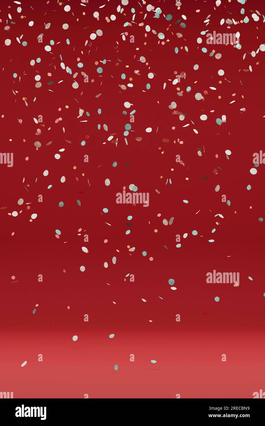 Confettis argentés ronds sur fond rouge. rendu 3d. Banque D'Images