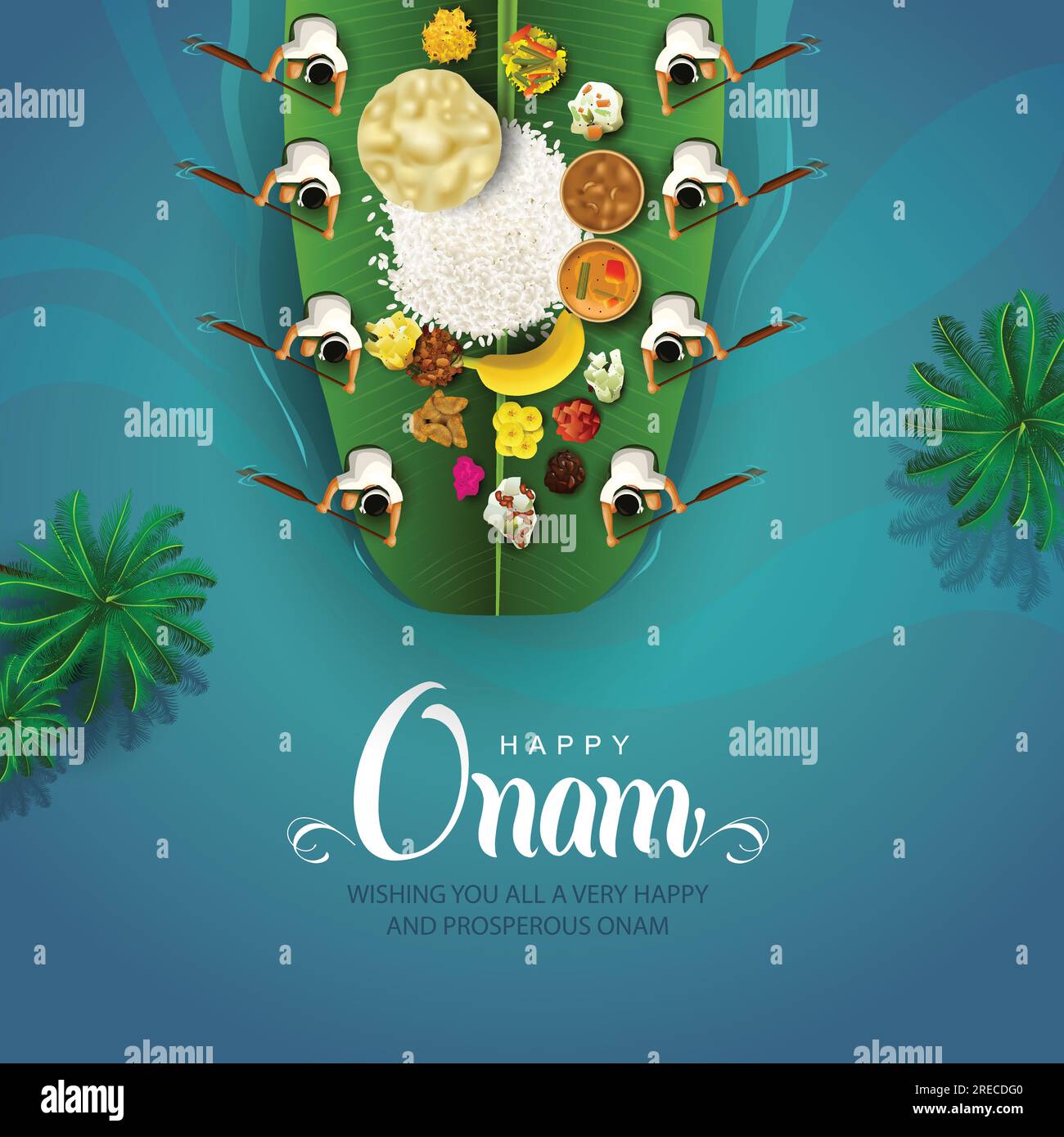 Festival du Kerala Happy Onam fond avec la cuisine traditionnelle (onasadya) servie sur la feuille de banane. Illustration vectorielle. Illustration de Vecteur