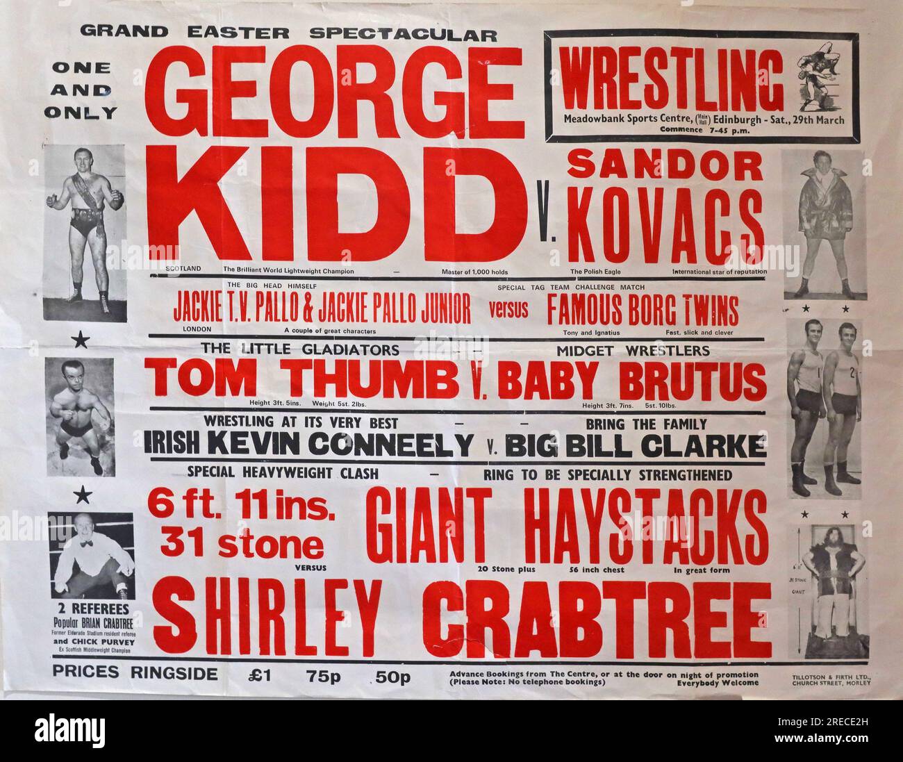 Affiche de lutte du centre sportif Meadowbank, samedi 29 mars Pâques 1975, George Kidd, Sandor Kovacs, midget Tom Thumb, Baby Brutus Banque D'Images