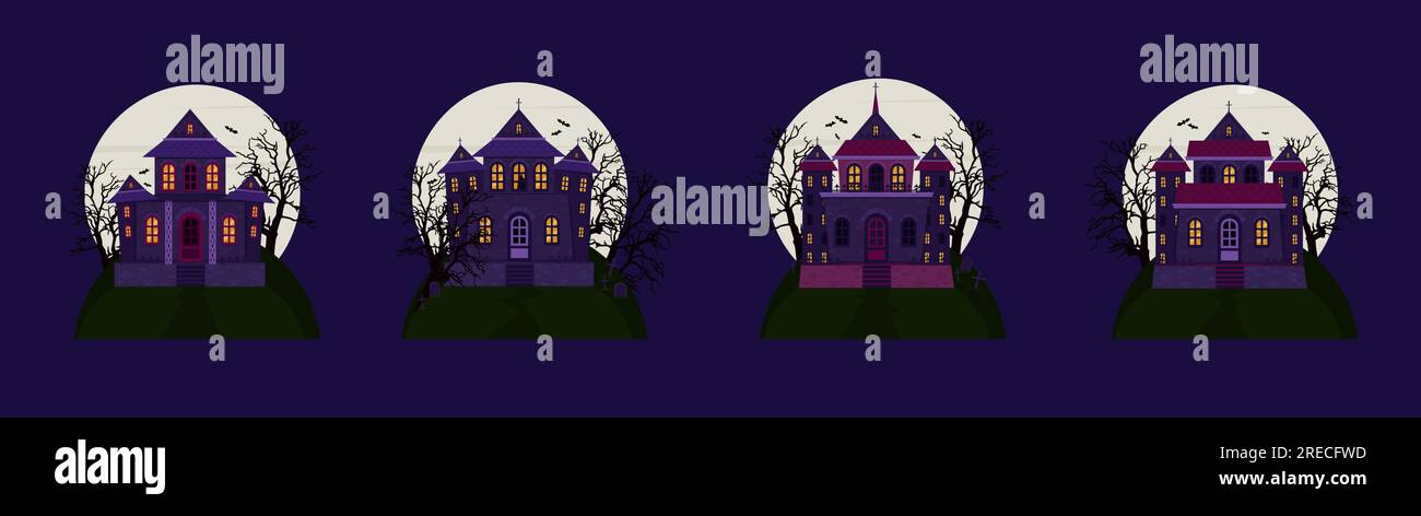 Maisons effrayantes du château avec un cimetière sur le fond d'une pleine lune. Ensemble de maisons d'Halloween. Illustration vectorielle Illustration de Vecteur