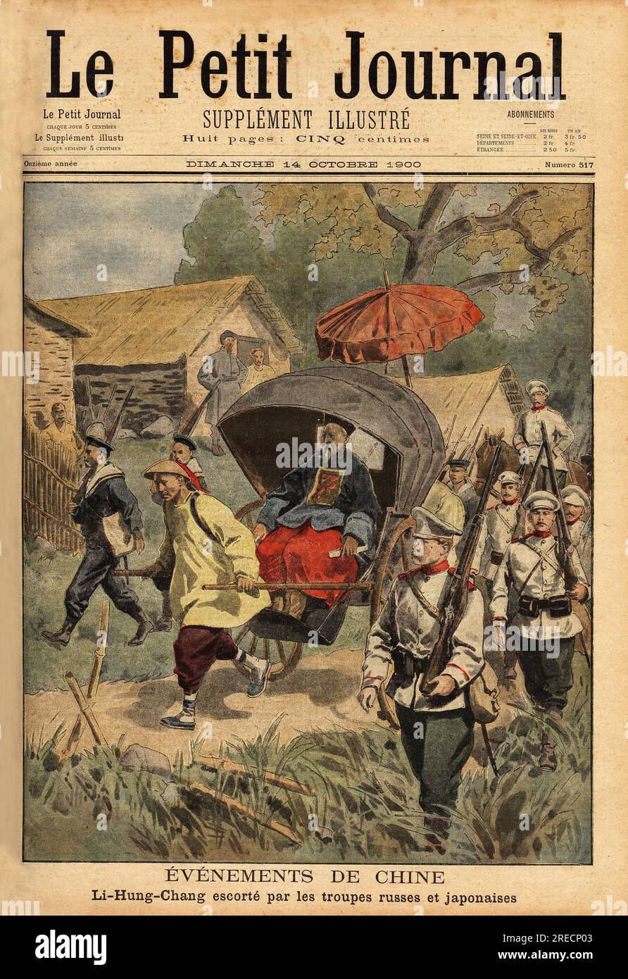 Li Hung Chang, diplomate chinois, mandate pour négocier le traité avec les puissances etrangeres en Chine, est ici escorte par les troupes russes et japonaises, qui pour sa sécurité que pour le Survey . Gravure dans 'le petit journal' 14101900. . Banque D'Images