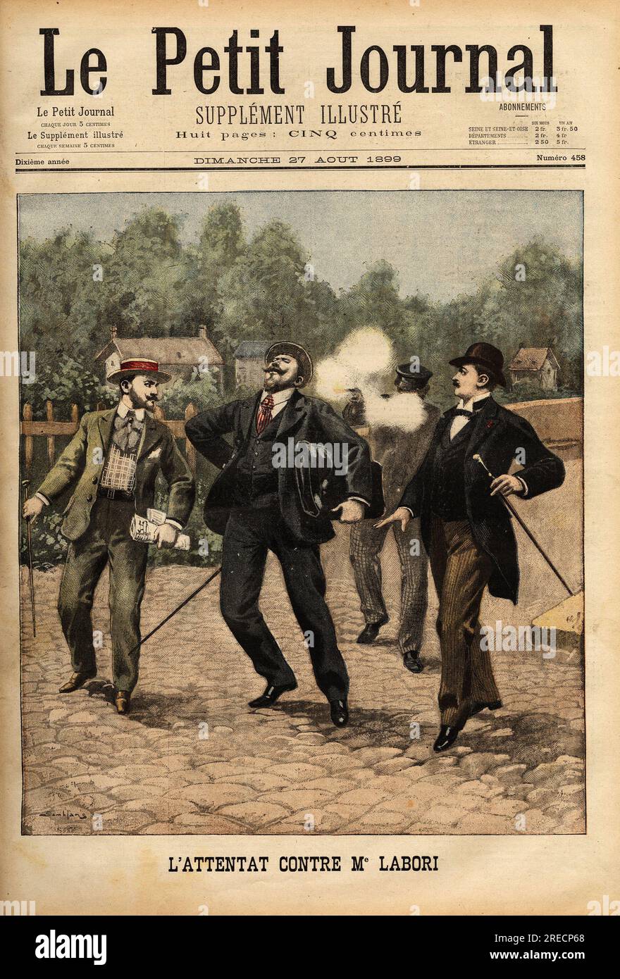 Attentat contre M. Fernand Labori (1860-1917), avocat de la défense d'Alfred Dreyfus (1859-1935), frappe d'une balle dans le dos, a Rennes alors qu'il se rend sur le lieu du jugement de l'affaire. Gravure dans 'le petit journal' 2781899. . Banque D'Images