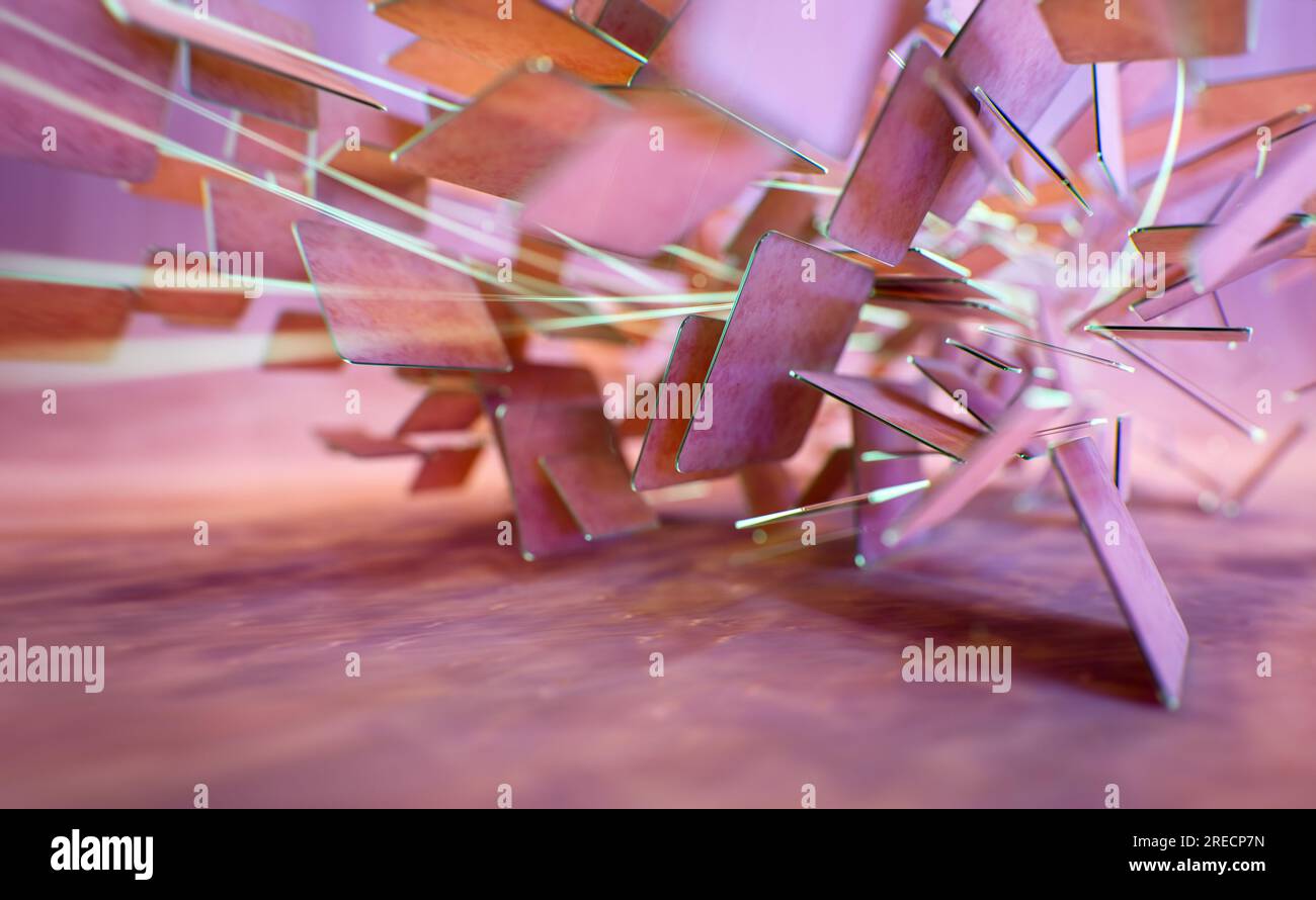 Fond abstrait, concept technologique, rendu 3D, rotation des carrés roses mats sur fond rose Banque D'Images