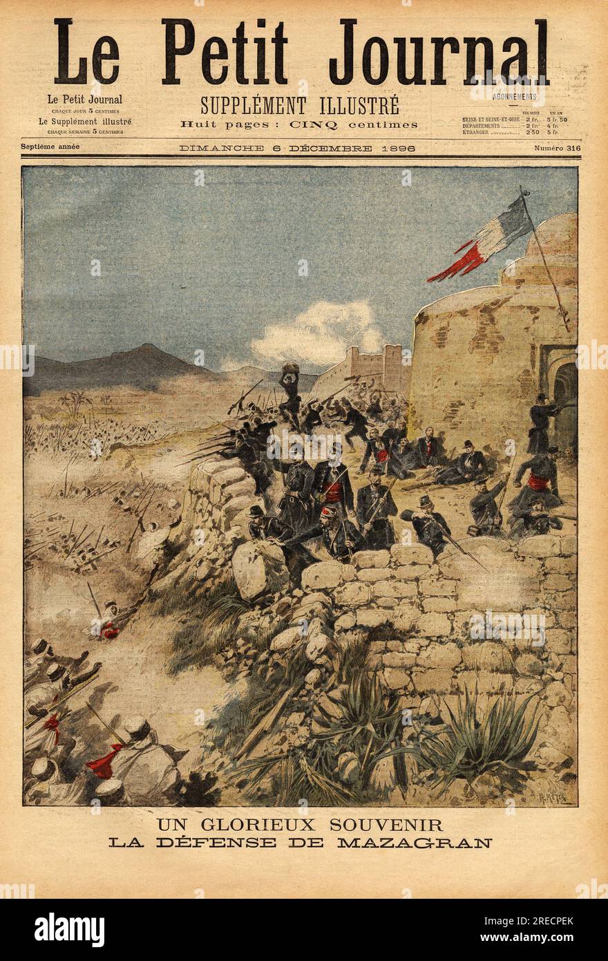 Souvenir de la Defense de Mazagran, bataille du 3 au 6 fevrier 1840, contre l'arme de plus de 10 000 hommes levée par Abd el Kader, le bataillon francais du capitaine Lelièvre rapporte la victoire. Gravure dans 'le petit journal' 6121896. Banque D'Images