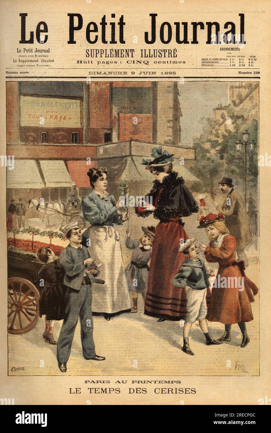 Le temps des cerises, marchande ambulante dans les rues de Paris. Gravure dans 'le petit journal' 9061895. Banque D'Images