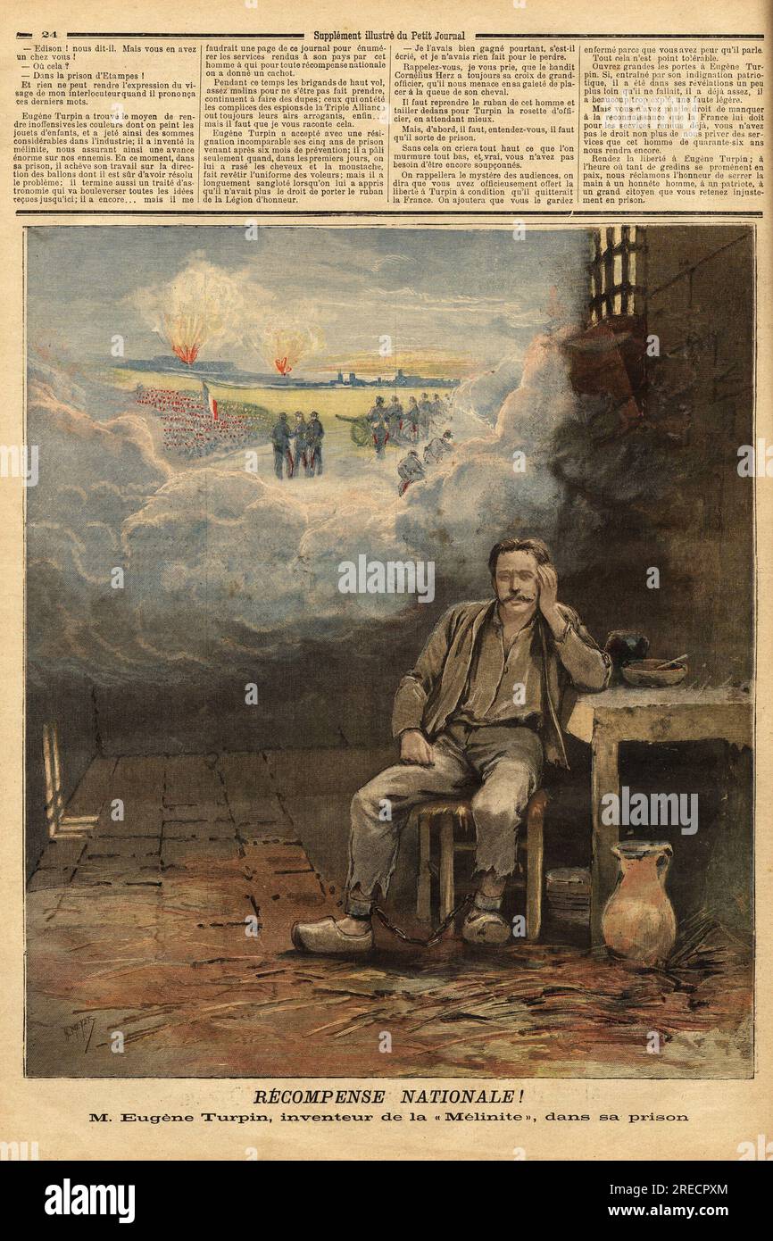 Eugene Turpin (1848-1927) chimiste, inventeur en 1884 de la mélinite, dans sa cellule, accuser (a tort) d'avoir vendu son invention a l'ennemi. Il inspire Jules Verne pour le personnage de Thomas Roch dans le roman 'face au drapeau'. Gravure dans 'le petit journal' 21011893. Banque D'Images
