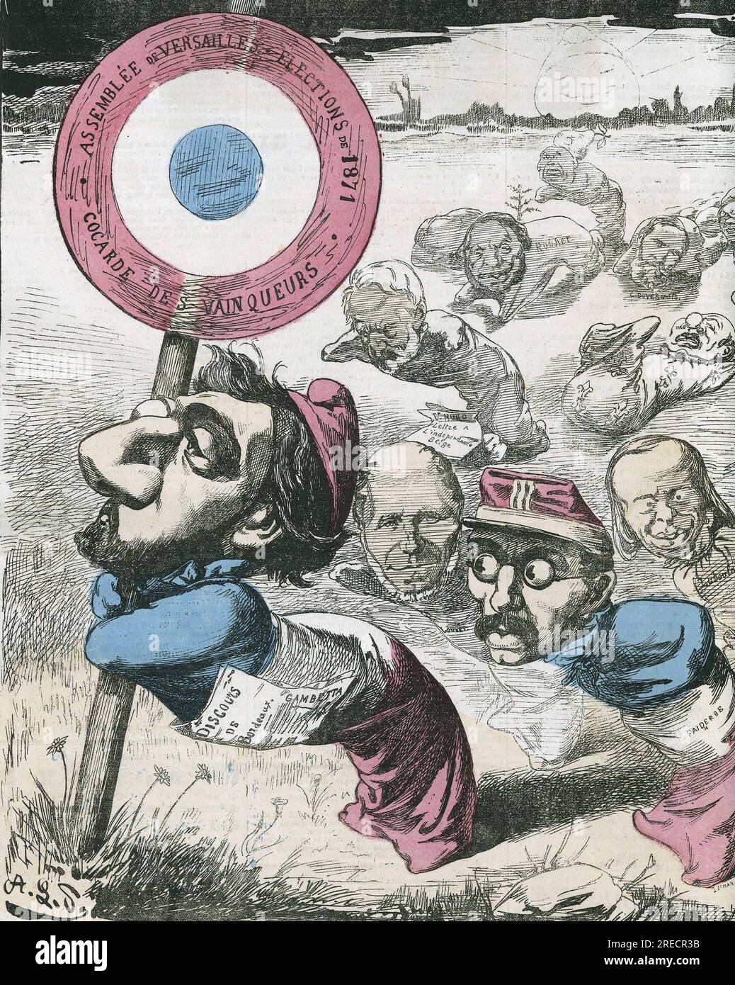 'Course electorale' du 2 juillet 1871, avec Leon Gambetta (1838-1882) et Louis Faidherbe (1818-1889) en tete. In 'l'Eclipse' par Alfred le petit, le 30 juillet 1871, Paris. Banque D'Images