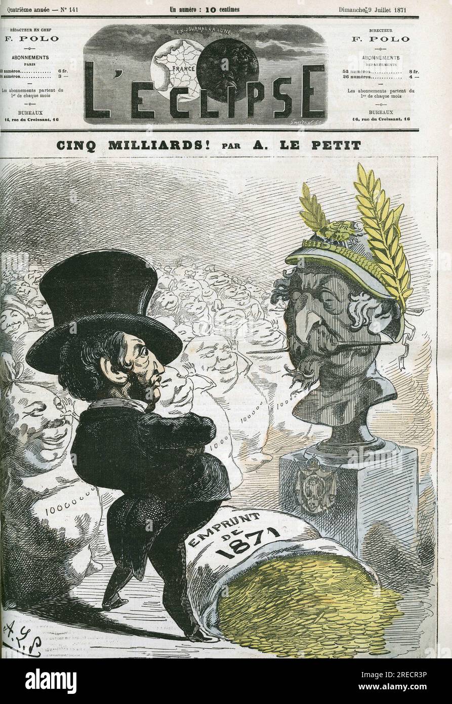 Cinq milliards ! Eugène Rouher (1814-1884) devant le buste de Napoleon III (1808-1873) et l'employé de cinq milliards pour la prusse. Couverture in 'l'Eclipse' par Alfred le petit, le 9 juillet 1871, Paris. Banque D'Images
