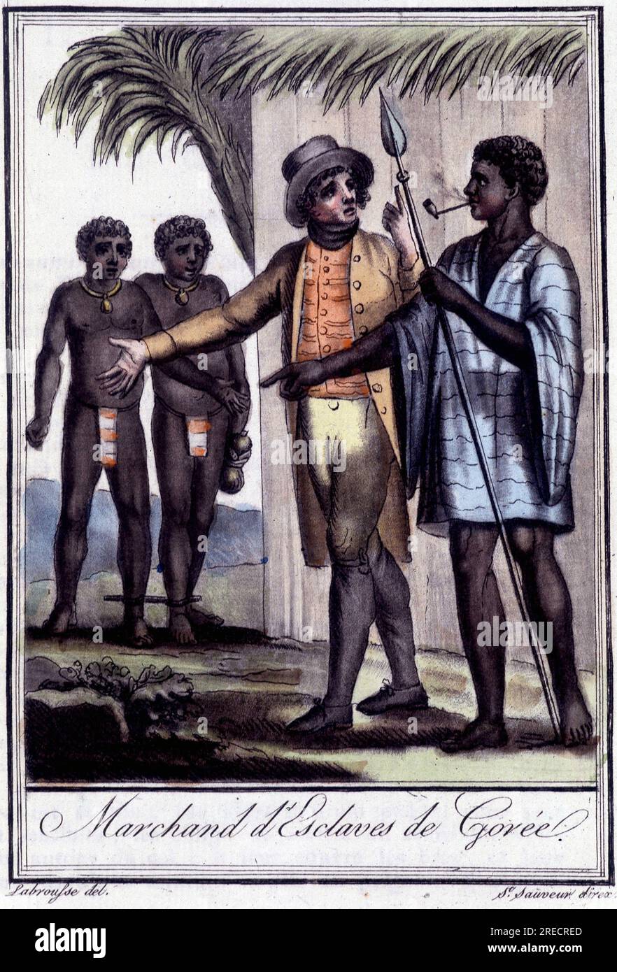 Marchand d'esclaves de Gorée - dans 'Encyclopedie des voyages' par Grasset St Sauveur, éd. Deroy, Paris, 1796 Banque D'Images