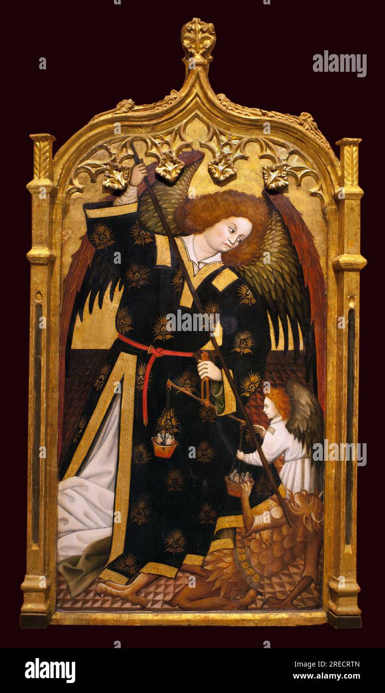 L'archange Saint Michel. Peinture attribuee a Juan Hispalense (15e siecle), huile et or sur bois, vers 1480. Musée des Beaux Arts de Séville, Espagne. Banque D'Images