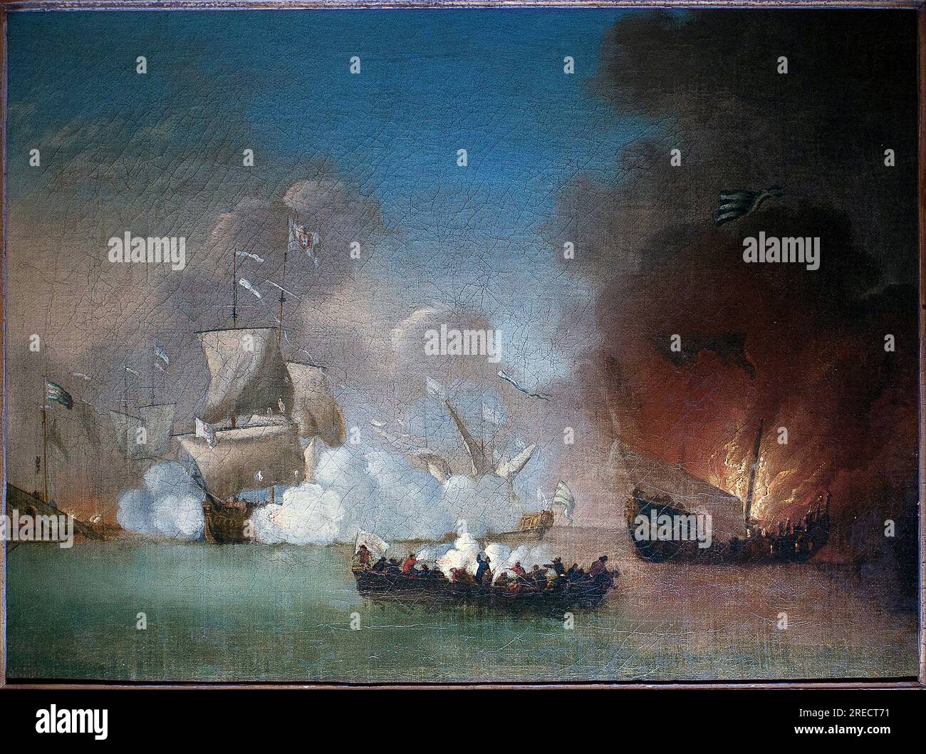 Bataille navale entre un vaisseau de guerre portugais et des galeres de pirates de Barbarie - peinture de Peter Monamy (actif entre 1681 et 1749), huile sur toile, vers 1685 (action navale entre un Portugais de guerre et un certain nombre de galères Pirates barbares, par Peter Monamy, Huile sur toile, circa 1685) - Musée de la marine de Lisbonne (Portugal) Banque D'Images