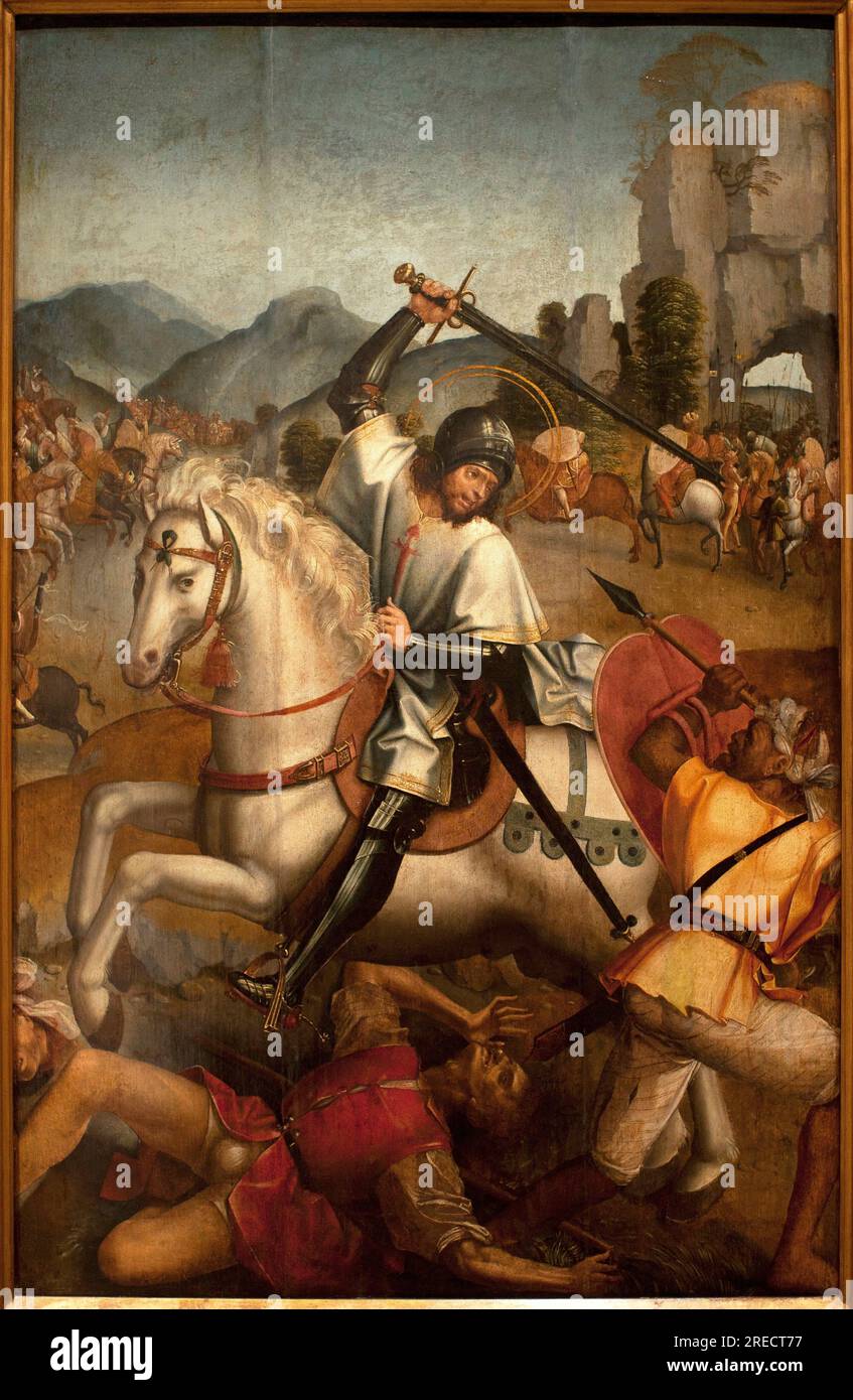 Saint Jacques combat les maures - peinture attribuée au maître de Lourinha, huile sur bois, vers 1520 (St James Fighting the Lors, par tle master of Lourinha, huile sur panneau, circa 1520) - Musée des Arts antiques de Lisbonne (Portugal) Banque D'Images