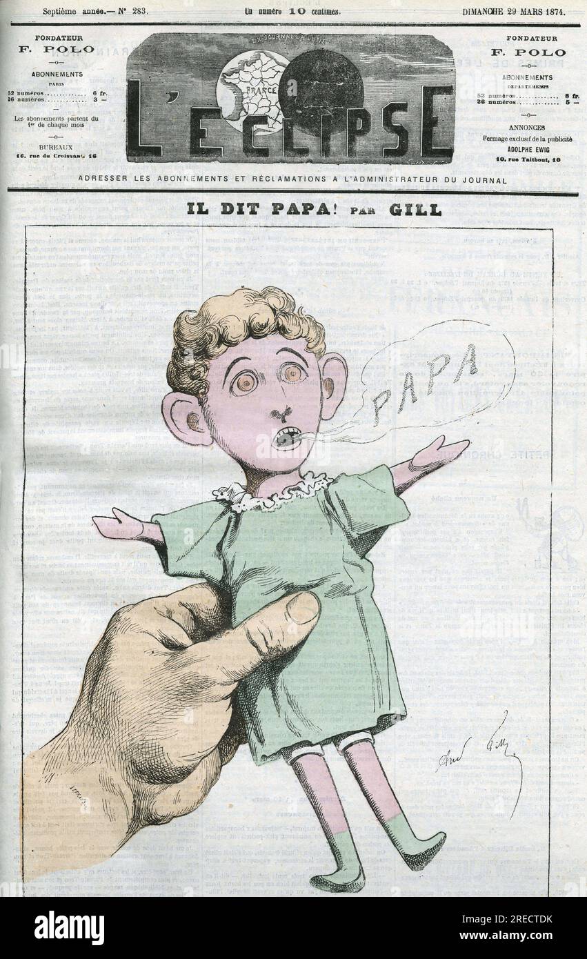 Caricature de Napoléon Eugène Louis Bonaparte (1856-1879), fils de Napoléon III Couverture dans 'l'Eclipse' par Gill, le 29 mars 1874, Paris. Banque D'Images