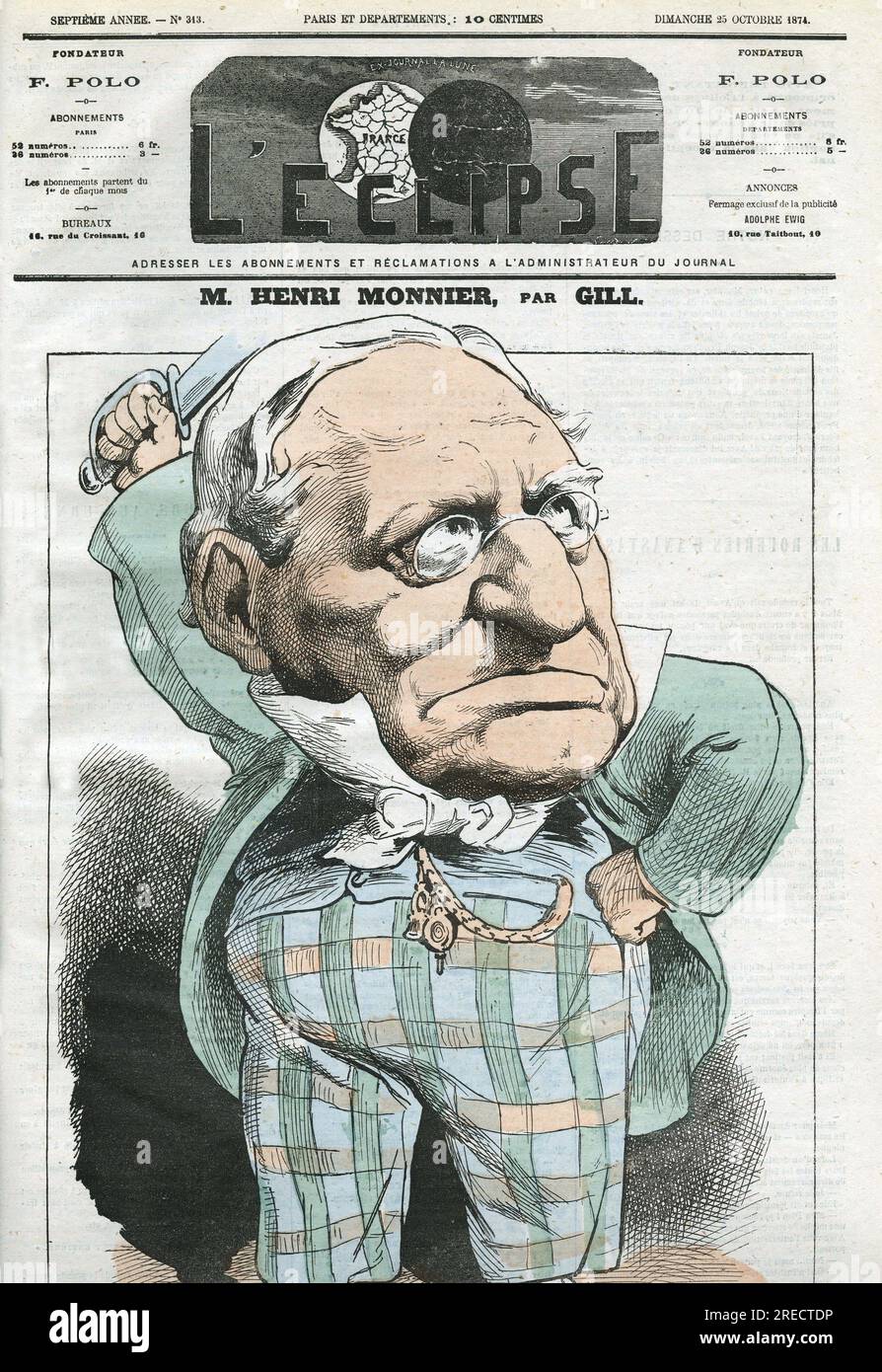 Caricature d'Henri Monnier (1799-1877), dramaturge, caricaturiste, acteur français. Couverture in 'l'Eclipse' par Gill, le 25 octobre 1874, Paris. Banque D'Images
