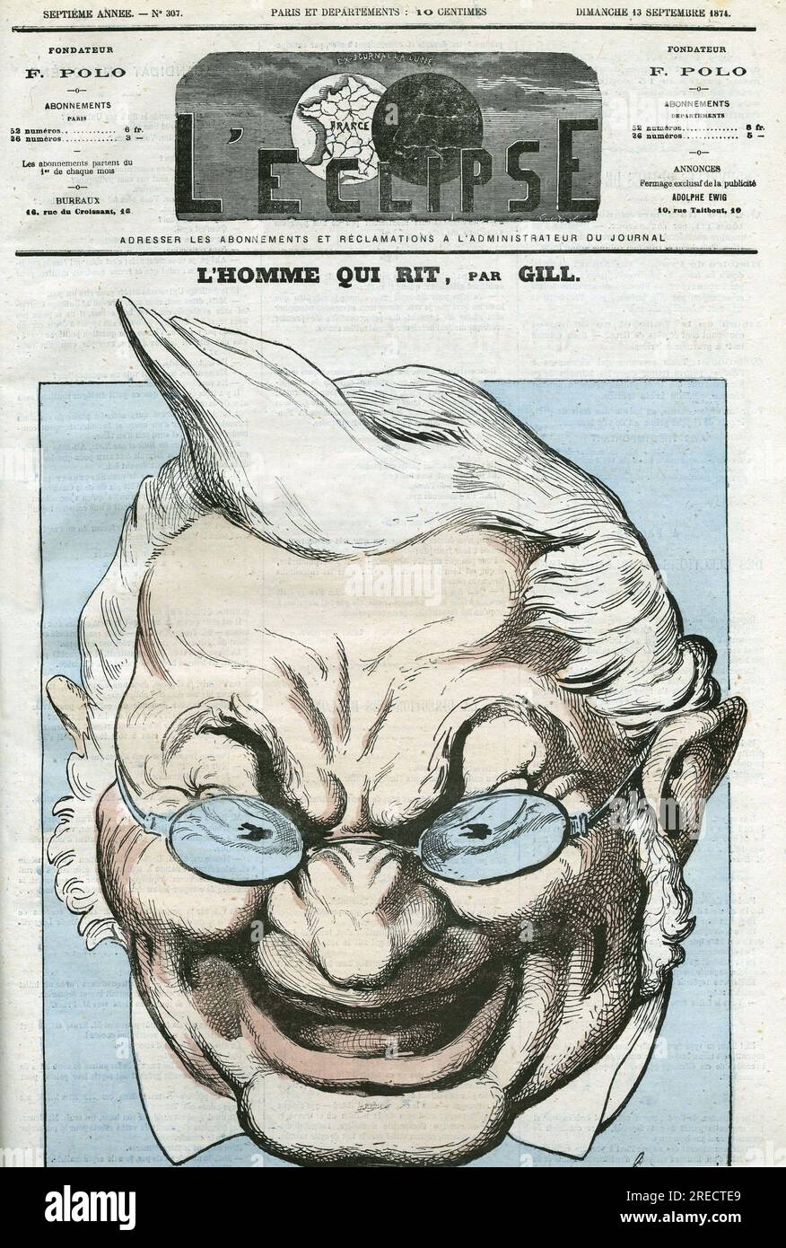 Caricature de 'l'homme qui ritt', Adolphe Thiers (1797-1877), homme politique français. Couverture in 'l'Eclipse' par Gill, le 13 septembre 1874, Paris. Banque D'Images