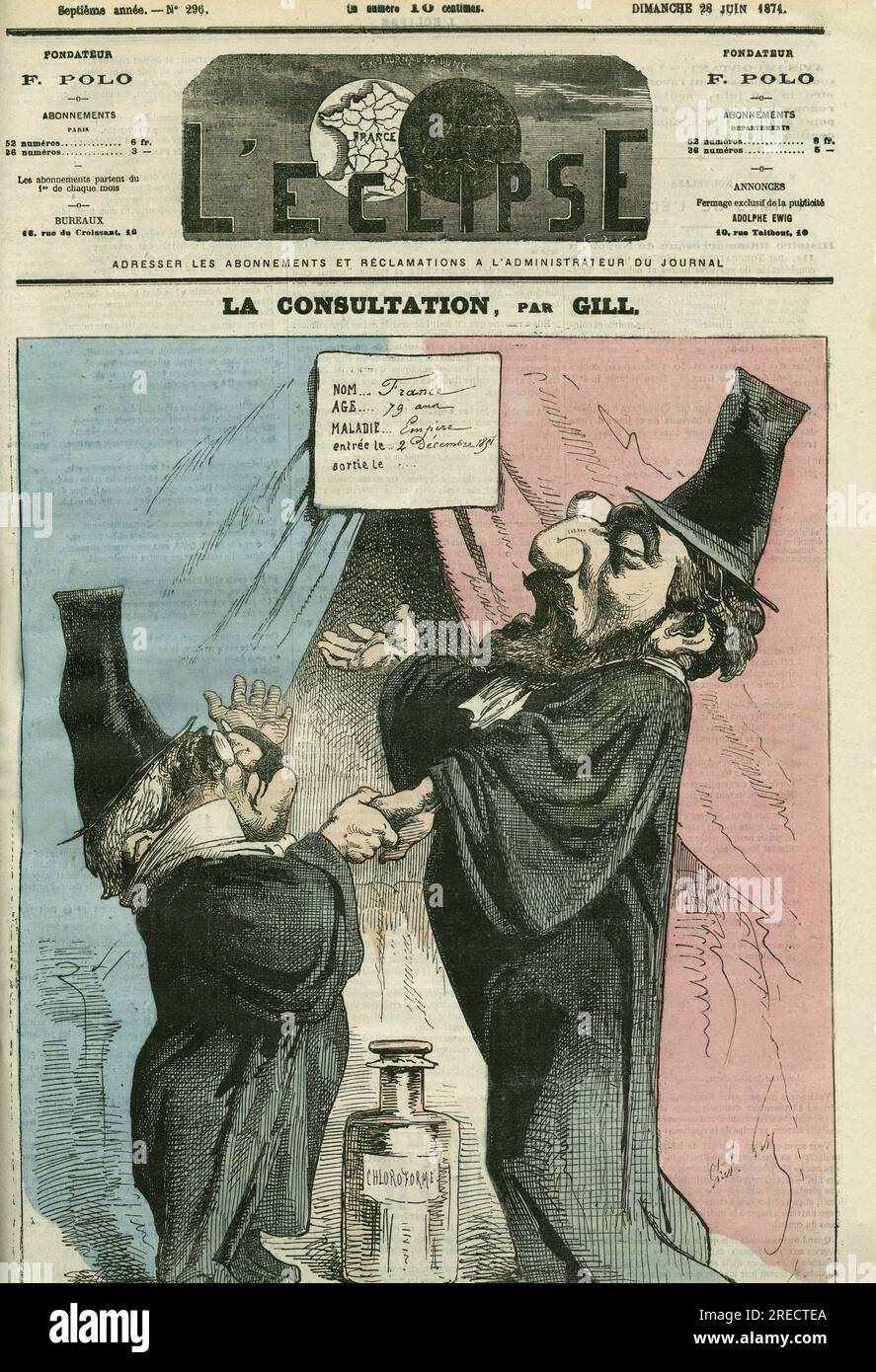 Caricature d'Adolphe Thiers (1797-1877) et Leon Gambetta (1838-1882), hommes politiques français. Couverture in 'l'Eclipse' par Gill, le 28 juin 1874, Paris. Banque D'Images