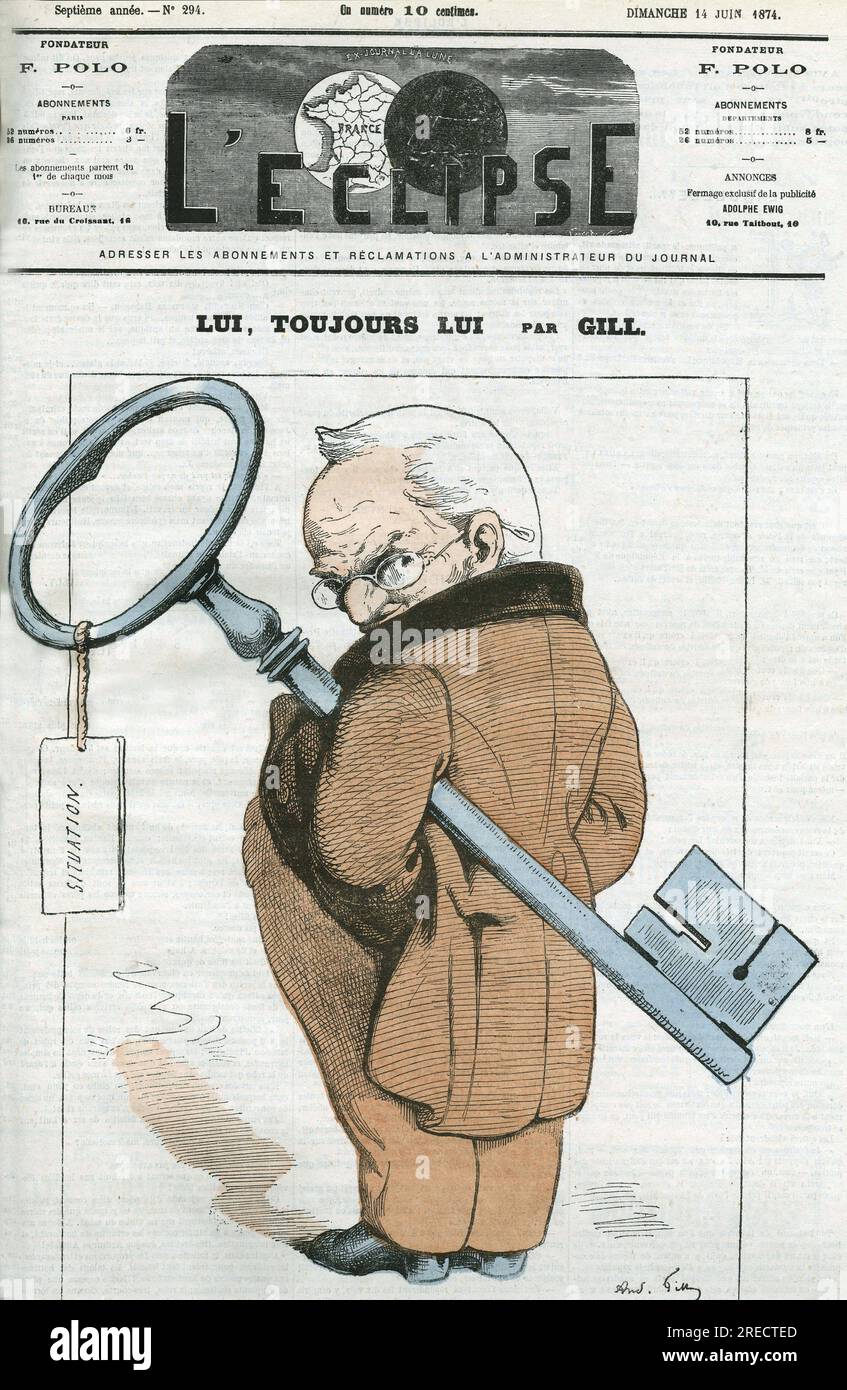 Caricature de Adolphe Thiers (1797-1877), homme d'État français. Couverture in 'l'Eclipse' par Gill, le 14 juin 1874, Paris. Banque D'Images