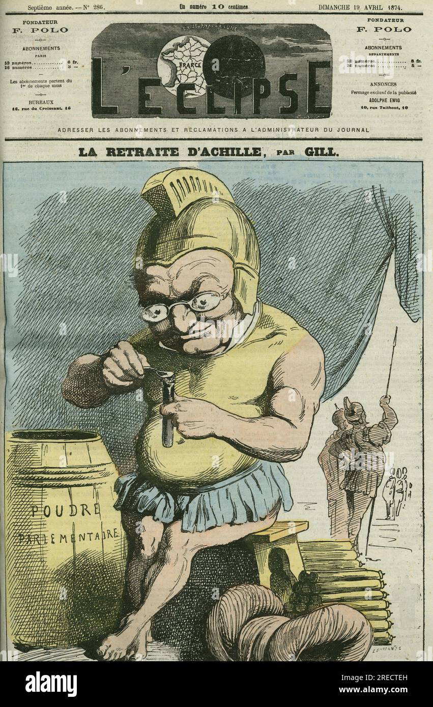 Caricature d'Adolphe Thiers (1797-1877), homme d'état francais. Couverture in 'l'Eclipse' par Gill, le 19 avril 1874, Paris. Banque D'Images