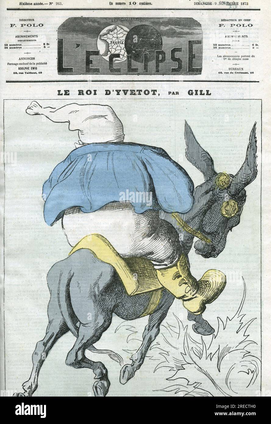 'Le roi d'Yvetot', caricature d'Adolphe Thiers (1797-1877), homme d'état francais. Couverture in 'l'Eclipse' par Gill, le 9 novembre 1873, Paris. Banque D'Images
