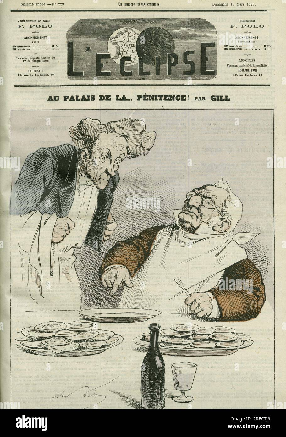 « Au palais de la pénitence », caricature du président de la République Adolphe Thiers (1797-1877). Couverture dans 'l'Eclipse' par Gill, le 16 mars 1873, Paris. Banque D'Images