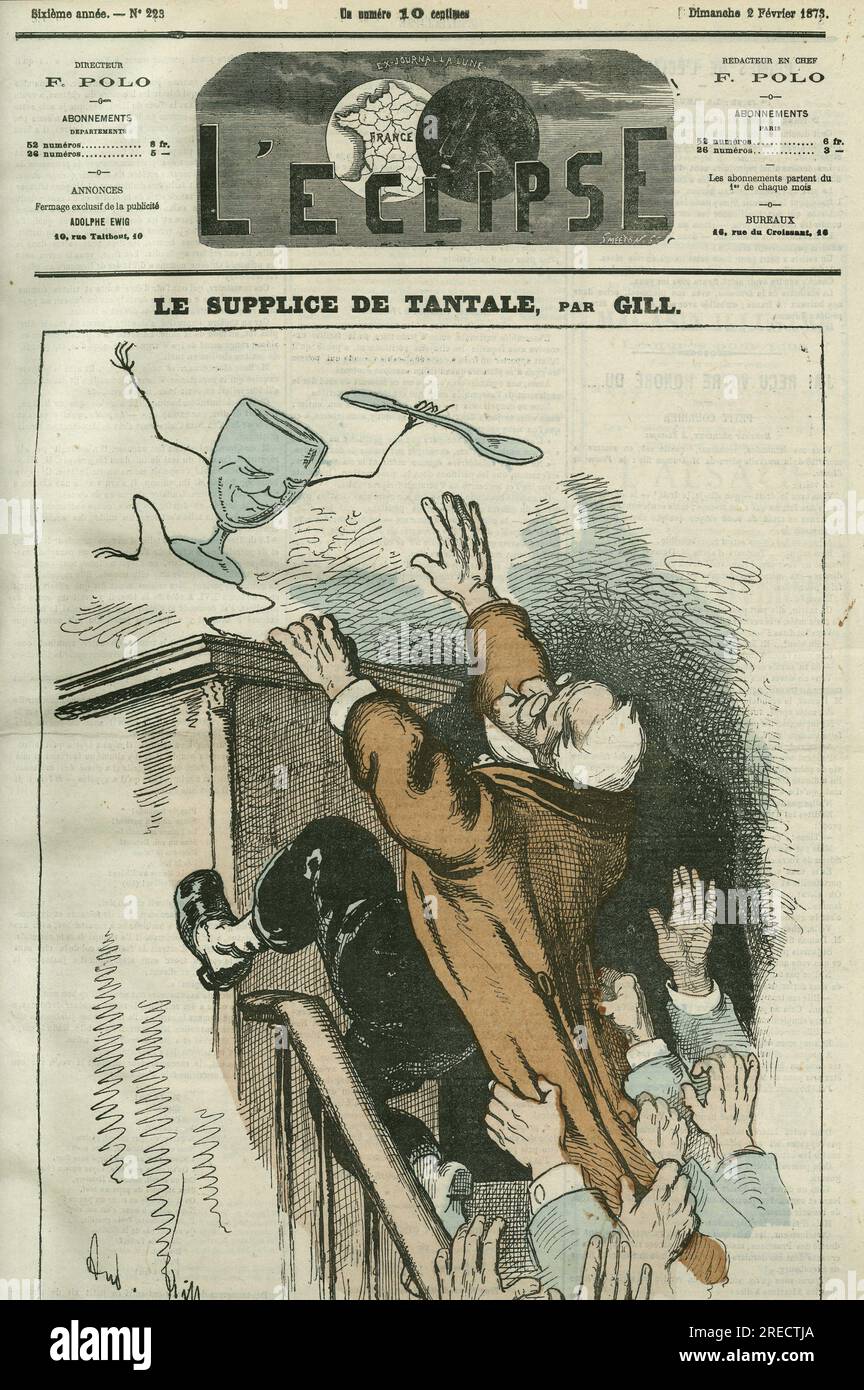 'Le supplice de tantale', caricature d'Adolphe Thiers (1798-1874), homme d'état francais. Couverture dans 'l'Eclipse' par Gill, le 2 fevrier 1873. Banque D'Images