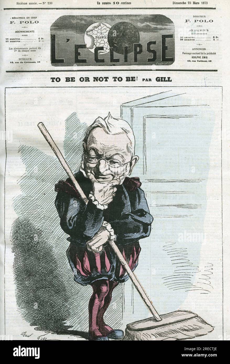 'Être ou ne pas être', caricature de Adolphe Thiers (1797-1877), homme d'état francais. Couverture dans 'l'Eclipse' par Gill, le 23 mars 1873, Paris. Banque D'Images