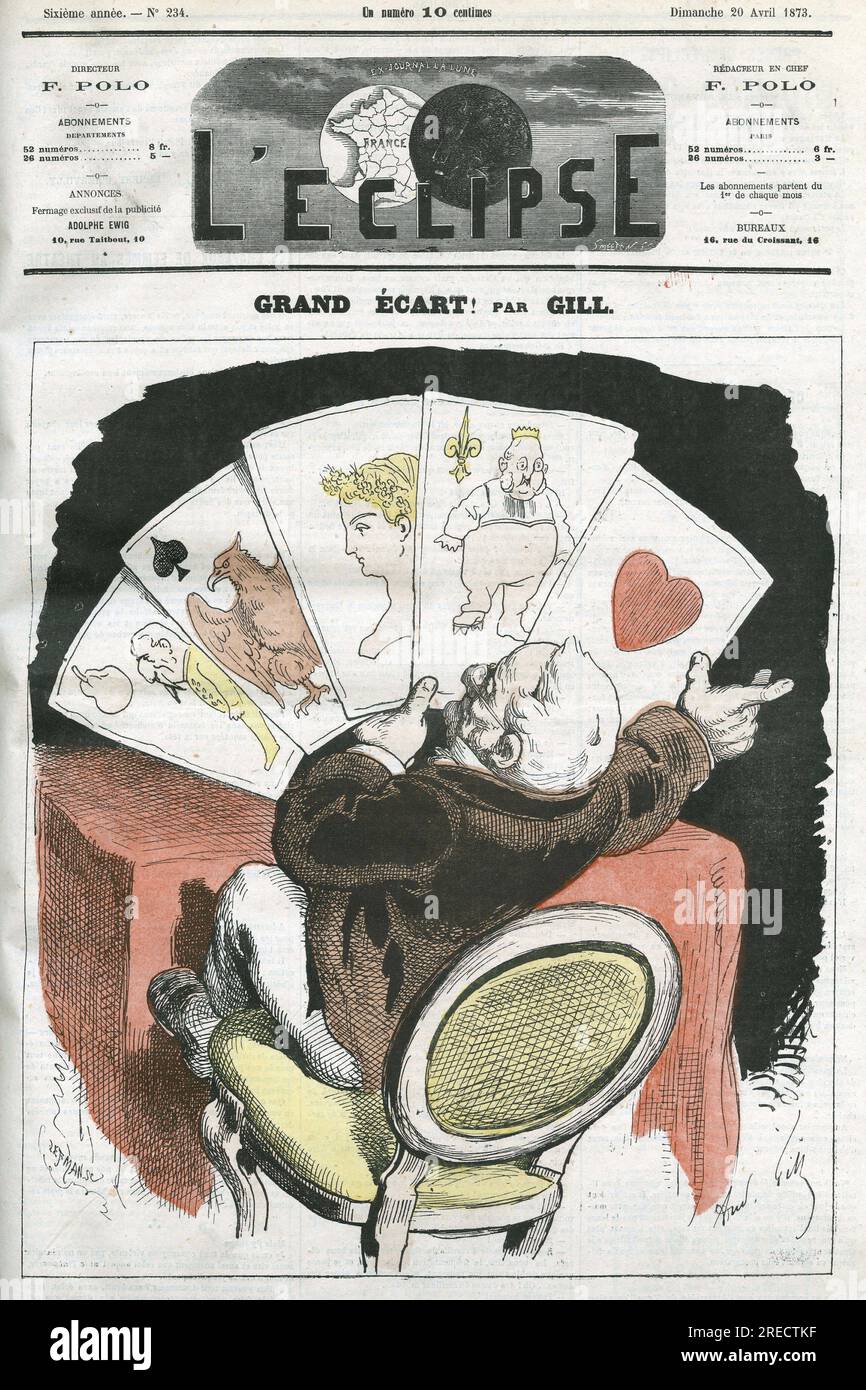 'Grand ecart ! ', caricature a propos du gouvernement du président de la République Adolphe Thiers (1797-1877). Couverture in 'l'Eclipse' par Gill, le 20 avril 1873, Paris. Banque D'Images