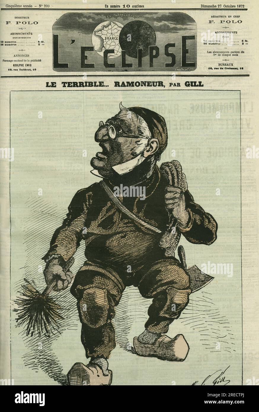 « Le terrible ramoneur », Adolphe Thiers (1797-1877), historien et homme d'État francais. Couverture in 'l'Eclipse' par Gill, le 27 octobre 1872, Paris. Banque D'Images
