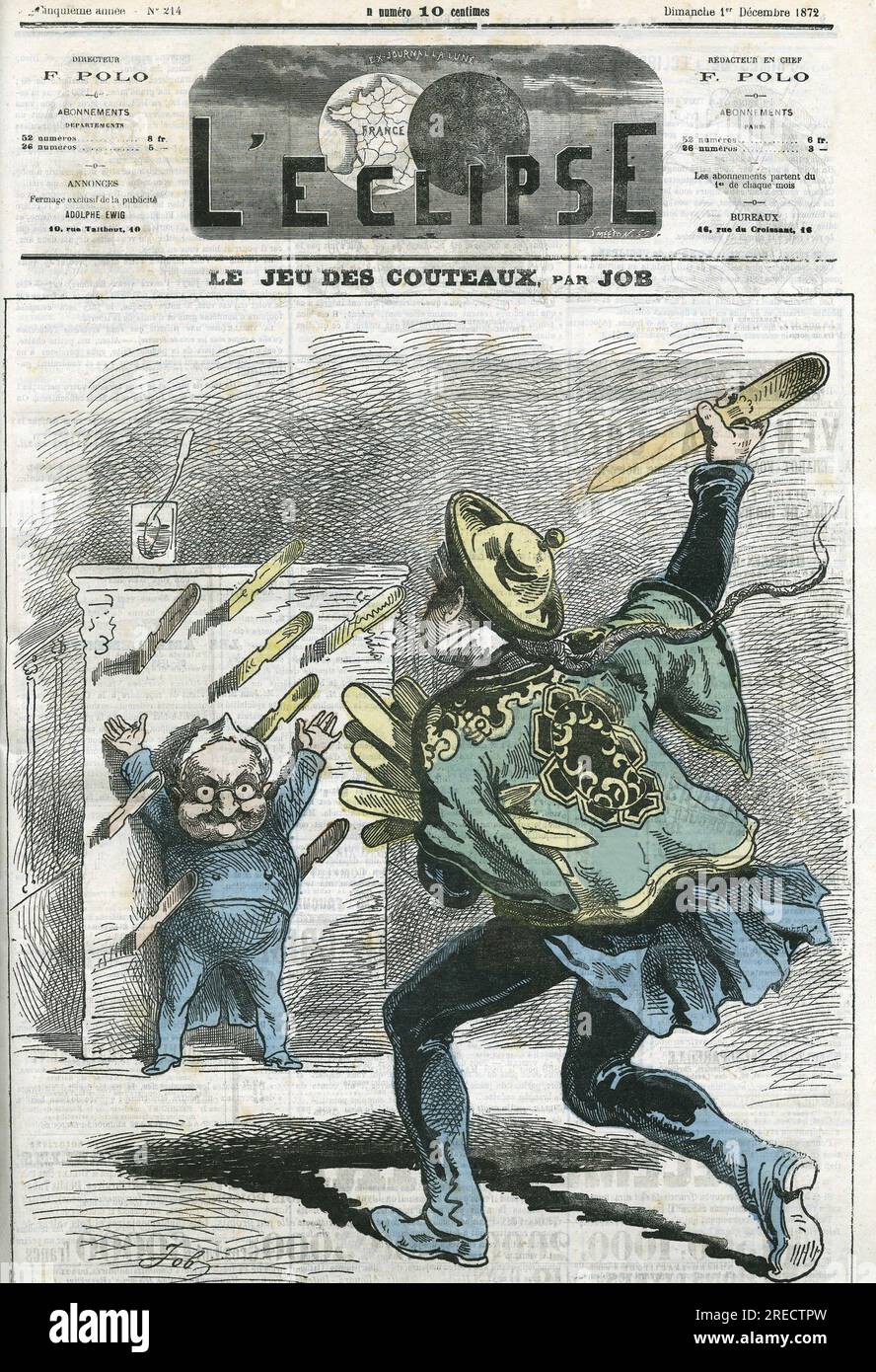 'Le jeux des couteauxs', Adolphe Thiers (1797-1877), historien et homme d'état francais. Couverture in 'l'Eclipse' par Job, le 1 décembre 1872, Paris. Banque D'Images