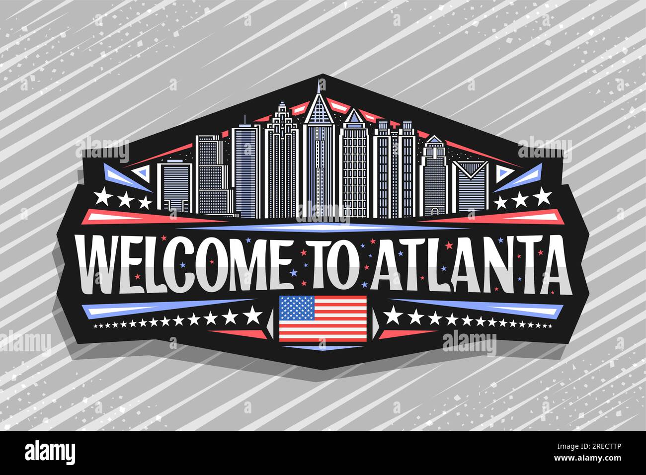 Logo vectoriel pour Atlanta, signe décoratif noir avec illustration de ligne de célèbre paysage de ville contemporain d'atlanta sur fond de ciel de crépuscule, art design ref Illustration de Vecteur