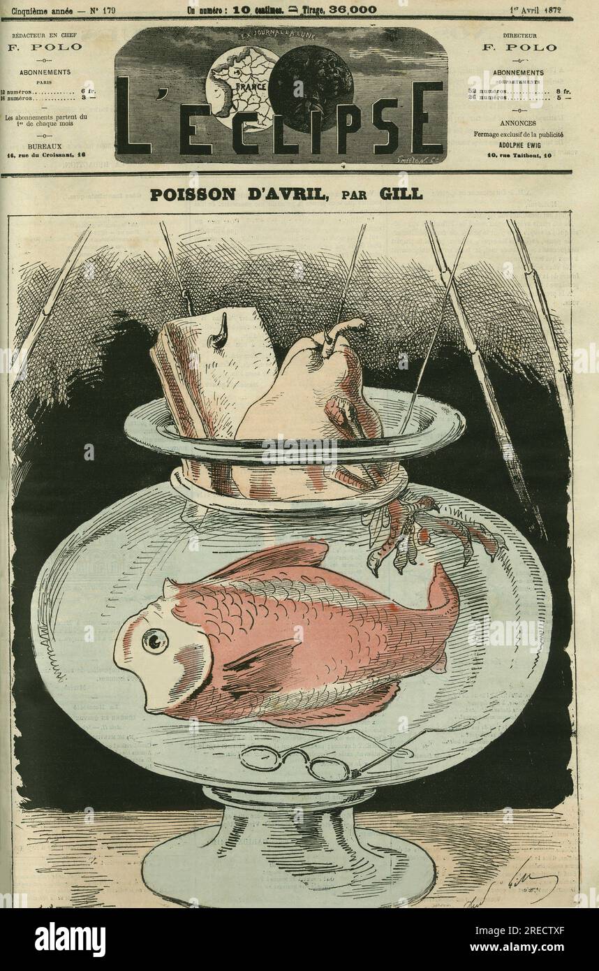 Poisson d'avril, le poisson et Adolphe Thiers (1797-1877). Couverture in 'l'Eclipse' par Gill, le 1 avril 1872, Paris. Banque D'Images