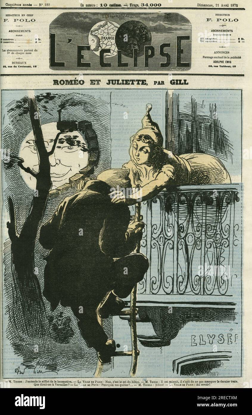Romeo et Juliette, Adolphe Thiers (1797-1877) depute de Paris quitte la ville pour Versailles quand il devient President de la République. Couverture in 'l'Eclipse' par Gill, le 21 avril 1872, Paris. Banque D'Images