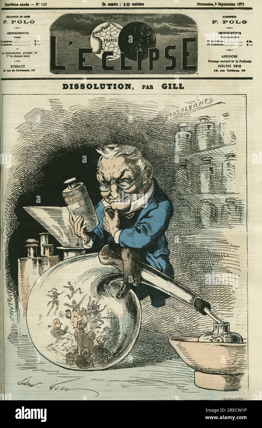'Dissolution', Adolphe Thiers (1797-1877), historien et Président de la République. Couverture in 'l'Eclipse' par Gill, le 3 septembre 1871, Paris. Banque D'Images