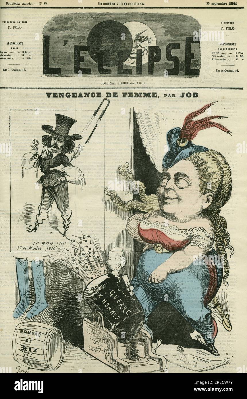 Olympe Audouard (1830-1890), féministe francaise et son ennemi Jules Barbey d'Aurevilly (Barbey-d'Aurevilly) (1808-1889), ecrivain francais. Couverture in 'l'Eclipse' par Job, le 26 septembre 1869, Paris. Banque D'Images